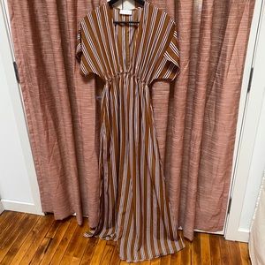 Blues & Grays maxi dress, brown with pink/blue stripes, size small, empire waist